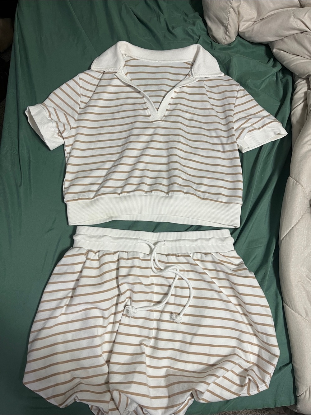 SHEIN White and Beige Striped Two-Piece Skirt Set